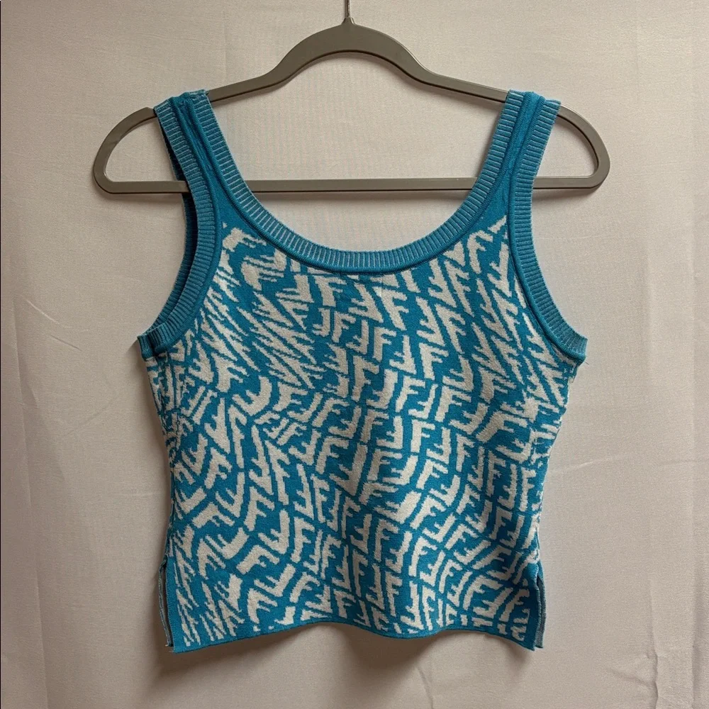 Fendi Blue White FF Logo Knit Tank Top Size 40